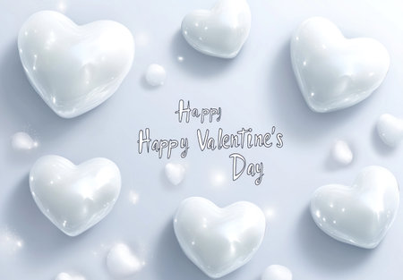 White background with hearts, text "Happy Valentine's Day", white color theme, soft lighting and shadows, vector illustration style, simple design, flat, minimalist style, high resolution, no gradient, high detail, 3D rendering. --ar 43:30 --v 6.1 Job ID: be9cb298-b9df-46a0-8df3-301c6bab57bfの素材