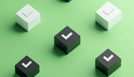 Cute, simple isometric shapes, checkmark icons floating on a green background, minimalistic, black and white, 3D render, flat design, vector graphic, simple shadows, no gradients. --ar 26:15 --v 6.1 Job ID: cb273074-9deb-4707-9b8b-69dc675e6f84の素材
