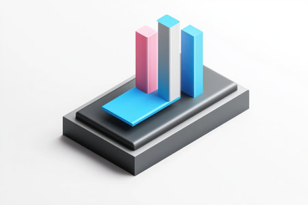 Isometric view of a simple, minimalistic modern design element with blue and pink accents on a white background. The base is a dark grey metal rectangle with three thin, silver pillars above it. On the side are three flat, square shapes. The design features simple geometry and isomorphic details, with a style reminiscent of isometric films, in the style of Nick Knight. The image is hyper-realistic photography. --ar 3:2 --v 6.1 Job ID: dc3b86b7-25b1-4707-aa87-2848ce0b6235の素材
