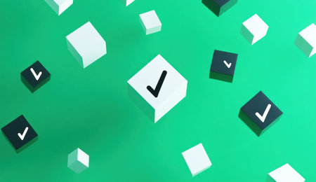 Cute, simple isometric shapes, checkmark icons floating on a green background, minimalistic, black and white, 3D render, flat design, vector graphic, simple shadows, no gradients. --ar 26:15 --v 6.1 Job ID: cb273074-9deb-4707-9b8b-69dc675e6f84の素材