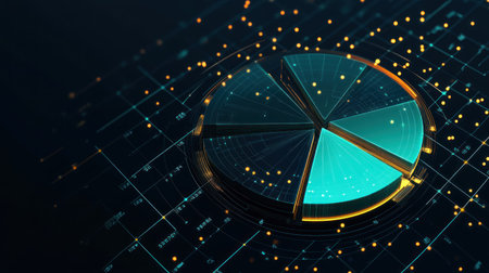 Abstract minimalist illustration, a pie chart in green and blue colors, 3D render, on a dark background, with yellow particles. --chaos 30 --ar 16:9 --v 6.1 Job ID: d58fedcc-4574-4fa9-8a04-28dab475997aの素材