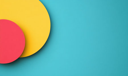 A colorful abstract background with two large, round shapes in yellow and red on the left side of an isolated blue backdrop. The design is simple yet striking, perfect for creating eye-catching visuals or adding fun to digital marketing materials. This graphic element would be great as part of your brand's visual identity online or printed material. It could also be used alone to convey energy and creativity, isolated on a pastel background. --ar 5:3 --v 6.1 Job ID: 0a1c1bbc-5a6d-4d0a-9366-ee5ea0930ae1の素材