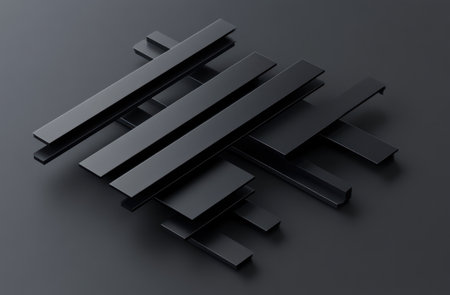 3D render of a simple, minimalistic composition featuring black metal and plastic strips, in an isometric view against a dark grey background. --ar 23:15 --v 6.1 Job ID: c05cd259-30a1-46ba-b8a4-b7018061f4a5の素材