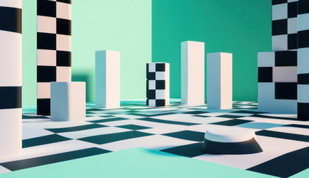 Minimalist isometric black and white checkmarks on a green background, simple geometric shapes, 3D render, created in Cinema 4D, in a cartoon style. --ar 26:15 --v 6.1 Job ID: 76c0c7ae-0a9d-47dd-a612-94f9a33d961aの素材