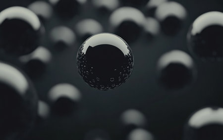 Dark gray spheres floating in the air, dark background, minimalist style, high definition, Octane rendering, Cinema 4D, Blender, 3D model. --ar 8:5 --v 6.1 Job ID: 8018fb49-4204-46ff-a131-0448df8c0233の素材