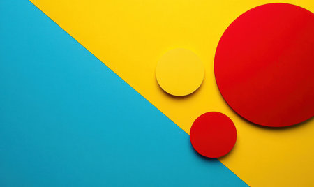 Abstract, colorful background with two yellow and one red circles on the right side, close-up, high-resolution, professional photograph, super-resolution, the ultra-detailed illustrations in the style of Pixar Animation Studios. --ar 5:3 --v 6.1 Job ID: 4339f20d-0799-48fa-8b14-d53b1b8cf8e7の素材