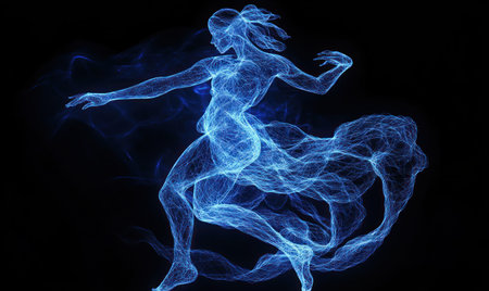 Abstract blue glowing line art of a person dancing, against a black background, in a hyper-realistic style. --ar 5:3 --v 6.1 Job ID: 94d4fb02-9be7-4080-9649-c0538f96cabbの素材