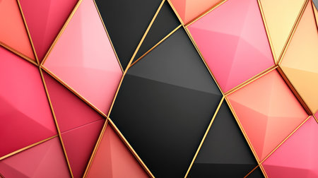 Abstract black background with colorful geometric shapes, pink and orange polygonal lines, dark gray triangles, a golden straight line in the middle of each shape, minimalistic, modern design, 3D rendering, high resolution, high quality, high detail, high sharpness, hyperrealistic, highly detailed, super deformed, hypercolorized, Octane render. --chaos 30 --ar 16:9 --v 6.1 Job ID: ec0d317e-7caf-4e4d-9493-f7f05a9eeae7の素材
