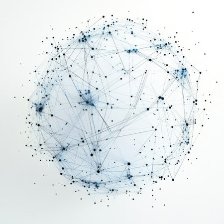A white background with light blue lines forming the shape of an intricate pattern on top, creating geometric shapes that resemble three-dimensional triangles in the style of vector art. The sphere is made up of numerous small and large dots connected by thin black lines to form an overall network or mesh structure. This design emphasizes technology's modern feel while adding depth through the interplay between straight lines and curves. It creates a sense of digital elegance within its minimalistic composition. --v 6.1 Job ID: 1c0f2cc7-560c-4703-9d39-c70ec3586a1aの素材