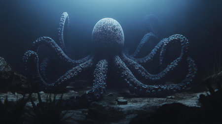 A dark blue, glowing digital sphere made of fractal structures on a black background, with cyan highlights, in the shape of an octopus tentacle. The structure is rendered as if it's composed of tiny particles and has a smooth surface, with subtle light reflections that give depth to its appearance. It should appear almost alien or otherworldly, giving off a sense of motion or complexity. --chaos 30 --ar 16:9 --v 6.1 Job ID: dce9a8f2-7d0b-483f-8287-561d0bc25d60の素材