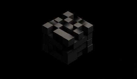 3D render of a minimalistic, simple black pixel block shape on a dark background, in a 2D illustration style, with a simple design, flat colors, low resolution, symmetrical composition, high contrast, isometric view, solid color background, and simple shadows. --ar 26:15 --v 6.1 Job ID: ba3fda01-835c-40c3-9d26-259cfc71678cの素材