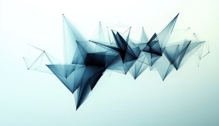 Blue geometric shapes on a white background, a 3D rendering illustration of a polygonal wireframe line with triangles for connection and a technology network concept, a 2D flat design vector banner web poster template. --ar 26:15 --v 6.1 Job ID: 557989cd-7207-4f3d-99d7-80dabce59831の素材