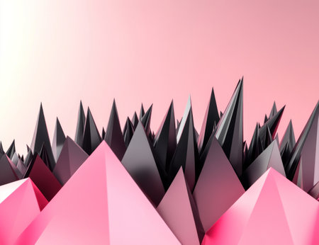 3D render of a dark grey and pink polygonal abstract background with sharp edges, with black spikes in the shape of a crown on top. --ar 13:10 --v 6.1 Job ID: e5036b8d-9e0b-4334-8572-95889c2e0a20の素材