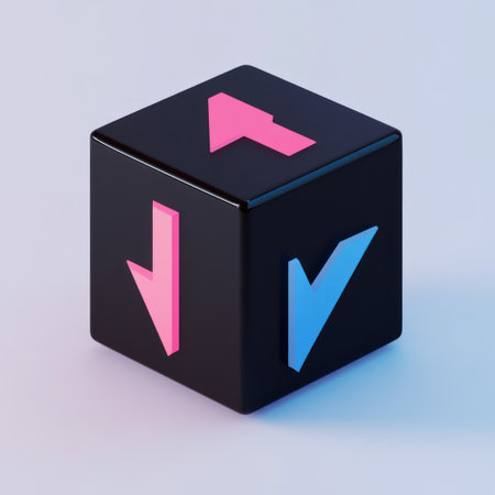 Isometric black cube with pink and blue arrows, white background, simple design, minimalist style, 3D render, Octane render, C4D, Blender, high resolution. --v 6.1 Job ID: 2b8fc1a2-07ca-4c38-b5c9-0358799a7d5bの素材