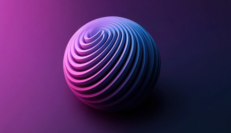 3D render of a minimalistic blue and purple gradient sphere with a spiral lines pattern, on a dark background, in an isometric view, with no shadow under the ball, high-resolution photography. --ar 26:15 --v 6.1 Job ID: 929a56b7-9c02-44cb-8780-fe4f30ad36deの素材