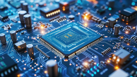 Blue background with blue circuit board lines, blue gradient background, flat design style, low-angle view, subtle gradients, digital illustration, 3D rendering, high resolution, high quality, high detail, sharp focus, intricate details, hyper-realistic, in the style of digital art. --chaos 30 --ar 16:9 --v 6.1 Job ID: 873046e5-ee84-483a-93ed-a36ca17b7c2eの素材