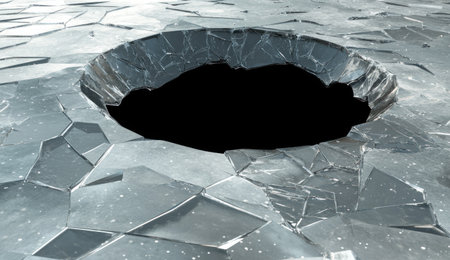 Shattered glass, broken and cracked, with a black hole in the center of a large surface of gray steel with tiny white dots. 3D render, in the style of a cartoon, low-poly style. --ar 26:15 --v 6.1 Job ID: c4e73a01-f982-44da-a7df-c1531097fcb5の素材