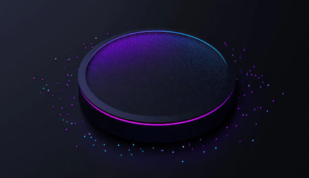 3D render of a simple, minimalistic isometric circular abstract shape with a gradient of purple and blue colors, featuring small, glowing cyan particles on a black background. The design has low details, a flat style, clean lines, and dark shadows with ambient lighting. This is a concept art illustration in a 2D vector style. --ar 26:15 --v 6.1 Job ID: 158667e6-874b-4c13-9424-e1fd9d441b3eの素材