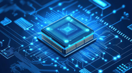 Blue digital technology background with a grid pattern and data flow diagram, in a blue neon color theme, close-up view of the surface of an artificial intelligence chip. --chaos 30 --ar 16:9 --v 6.1 Job ID: 0ae5cea4-4e7c-4770-9771-ffdbcf187288の素材