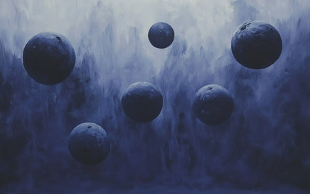 Dark gray spheres floating in the air, rendered with a gradient of gray to black. The scene is set against an indigo background, creating a monochromatic atmosphere that emphasizes depth and dimensionality. --ar 8:5 --v 6.1 Job ID: f0fab2aa-9368-4932-9609-40dbb5ffeea9の素材