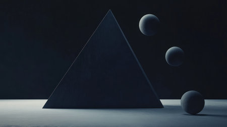 Black background, simple shapes and geometric objects, spheres falling on the right side of an abstract triangular shape, 3D rendering. Minimalist style with neutral tones. High resolution, sharp focus, studio lighting. --chaos 30 --ar 16:9 --v 6.1 Job ID: b09ad868-483a-415f-bb84-b19f02c44832の素材