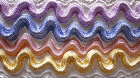 Vibrant abstract background with colorful wavy lines and curves in vibrant purple, blue, pink, orange, yellow, and red colors. Abstract 3D rendering illustration of waves or tubes for a design element, banner, poster, flyer, cover, wallpaper, or packaging. Flat lay, wide angle. --chaos 30 --ar 16:9 --v 6.1 Job ID: a2ee27b1-9bcb-4e04-ad67-d98844b555ddの素材