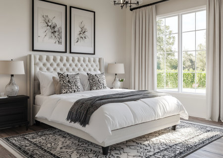 White bedroom with a black-framed mockup hanging on the wall, a large bed, and lamps on the nightstand. Front view, wide angle. --ar 7:5 --v 6.1 Job ID: b3d5ec2c-4383-4015-8ec5-83c12a43eb71の素材