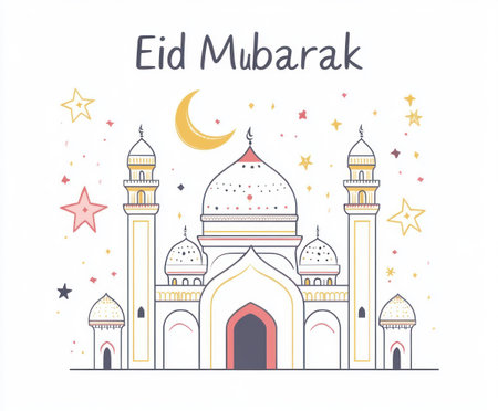 Vector flat design illustration of a mosque with a crescent moon and stars for "Eid Mubarak", on a white background, with simple lines. Minimalist style. The vector is drawn in clean line art with sharp edges and subtle gradients. It has an elegant feel and uses soft pastel colors in the background. --ar 6:5 --v 6.1 Job ID: ef1dda14-a82c-4e37-92ac-7af81c580ed8の素材