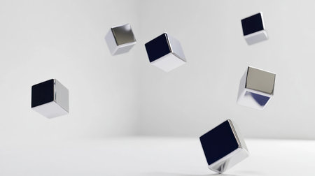 Minimalist geometric blue and silver cubes floating on a white background, 3D rendering, isometric view, in the style of minimalism --chaos 30 --ar 16:9 --v 6.1 Job ID: d2778af3-a681-4d8e-8a60-cd4ad0d72640の素材