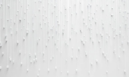 White background, numerous vertical thin white lines with small cube elements at the end of each line, 3D rendering, depth of field effect, high resolution, high detail, close-up. --ar 5:3 --v 6.1 Job ID: 3ba0f1d6-f7f2-4556-bcf5-fc998524cf3cの素材