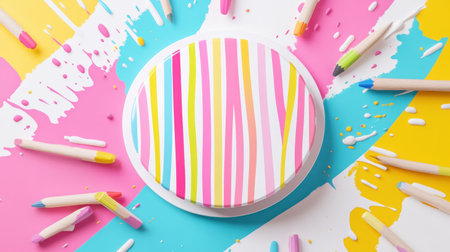 Top view of an abstract geometric composition with cyan, magenta, and yellow stripes on the left side of a circle in front of a flat surface with colorful splashes and two pencils on it. 3D render, created in Cinema4D, Blender, and Redshift, with volumetric lighting and a hyper-realistic style --chaos 30 --ar 16:9 --v 6.1 Job ID: 2a48f112-ecc7-4e17-bd26-4ca026be2661の素材