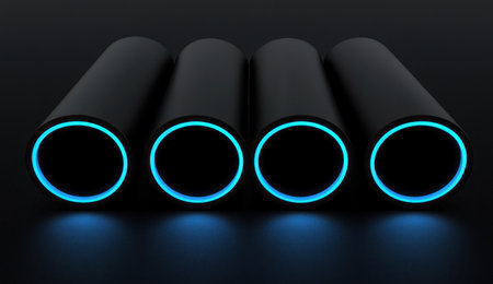 3D render of black tube shapes with a blue glow on a dark background, a minimalistic design. Four tubes, two in the front and two behind them, on a black background. Minimal, 50 mm lens. --ar 26:15 --v 6.1 Job ID: 2e0d1543-7825-42f3-a743-5de321f8a40cの素材