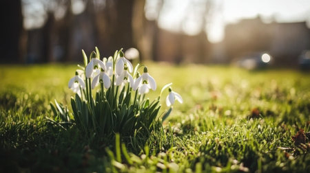 A close-up of snowdrops, the first flowers to bloom in spring, set against a blurred background of green grass and sunlight filtering through trees. The delicate white petals with hints of green on their edges create an elegant contrast with nature's fresh color palette. This photograph is perfect for conveying tranquility or as wallpaper, capturing the beauty of early spring in its simple yet captivating essence. --chaos 30 --ar 16:9 --v 6.1 Job ID: 5857d189-7cca-4cf3-b9d5-e0dda9952a1fの素材