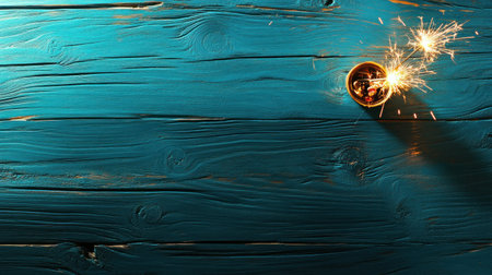 A blue wooden background with sparklers in the corners, creating an elegant and festive atmosphere for New Year's Eve celebrations. The sparks add glitter to create a sparkling effect on the wood surface. A large area of dark space is left at one end for text or design elements. This banner format can be used as a backdrop for holiday banners, cards, decorations, advertising materials, or social media posts celebrating new beginnings. --chaos 30 --ar 16:9 --v 6.1 Job ID: 01f56cbb-41ee-4396-bd56-35da0a79d570の素材
