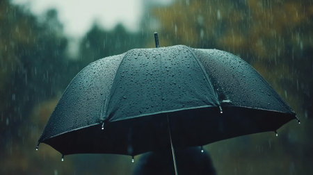 A rainy day with an umbrella, raindrops falling down, a blurry background of greenery, water droplets on the surface of an open black umbrella, light rays shining through, a blurred background of trees and foliage, a close-up shot, high-resolution photography, professional color grading, soft shadows, low contrast, clean, sharp focus, a bokeh background, and highly detailed. --chaos 30 --ar 16:9 --v 6.1 Job ID: 14ebc929-b8b6-4428-bc50-252d5a3bc560の素材