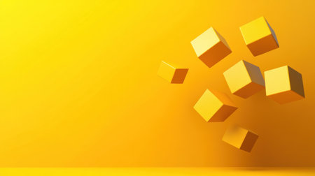 3D rendering of yellow cubes flying on an orange background. Abstract, motion-blurred shapes of falling blocks, a 2D illustration with a minimalistic design and empty space for text. Simple vector graphic illustration. Vector illustration, close-up view. --chaos 30 --ar 16:9 --v 6.1 Job ID: 67bf066d-886c-4be9-ac3e-5c30e2ee8970の素材