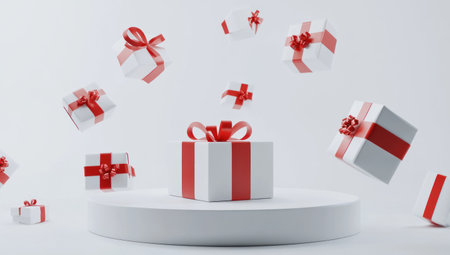 3D rendering of gift boxes flying around a white podium with a red ribbon on a light grey background. A minimal scene for a product display presentation design. A Christmas and birthday present concept. --ar 53:30 --v 6.1 Job ID: fb5d5d70-d2f8-4801-b75e-a6ab6a8f1d78の素材