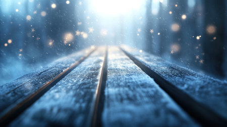 A snowy winter background with snowflakes falling and wooden planks on the ground, creating an enchanting atmosphere for product display or branding design. The background is blue and has bokeh lights, adding to its magical feel. This backdrop would be perfect for advertising products during the Christmas season. --chaos 30 --ar 16:9 --v 6.1 Job ID: 2df371d6-16d9-45fd-b0c8-583922c5840bの素材