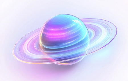 3D rendering of the planet Saturn with its rings, isolated on a white background, in a light purple and blue holographic style, vector illustration, sticker, sticker sheet design, colorful, neon color palette, glowing lighting, transparent technology, high resolution, high detail, high quality, high color contrast, HDR. --ar 8:5 --v 6.1 Job ID: 2cbb90bd-9937-4ba7-9003-6f4828eb31c7の素材