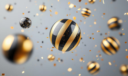 3D rendering of golden and black spheres with stripes flying in the air on a gray background. Abstract minimalistic design, dynamic composition with balls in different sizes and shapes. Bright colors. Scene for product presentation. --ar 5:3 --v 6.1 Job ID: 6afbe25c-91c4-49a7-83bb-b3c22a946e8bの素材