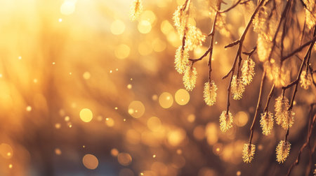 A beautiful golden background with hanging willow catkins, blurred light bokeh in the distance, ample copy space for text, banner design, wide empty space on the left side for writing a title and other elements, high resolution. --chaos 30 --ar 16:9 --v 6.1 Job ID: b3f52c9b-236b-4e26-9500-505562b176c5の素材