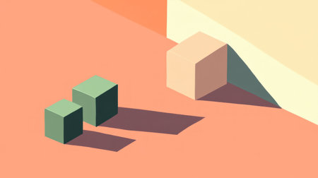 A colorful isometric cube with three smaller cubes next to it on an orange background. The image has soft lighting and a minimalist style, focusing on the shapes of different blocks and colors. There's no text or other elements in the composition, highlighting the simplicity and clean lines of each shape. This design creates a sense of space between them that adds depth and visual interest without incorporating any graphics into the scene. --chaos 30 --ar 16:9 --v 6.1 Job ID: c85033c3-e73c-4962-a2a9-47d9cf17ec3dの素材