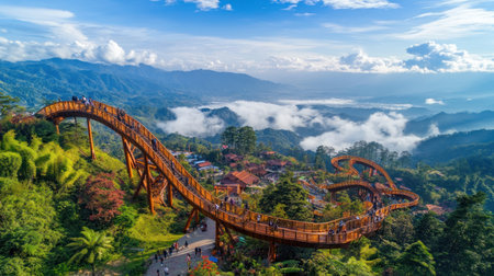 A bird's-eye view of the sky bridge on top, with people walking along it and enjoying the beautiful scenery below. The wooden structure features curved metal railings that create an immersive experience for visitors to enjoy the landscape. In the summer, green trees cover the ground beneath, while clouds float in the blue sky above. This photo was taken using a Canon EOS R5 camera with a wide-angle lens, capturing the grandeur of the perspective from a high altitude. --chaos 30 --ar 16:9 --v 6.1 Job ID: 7bd34685-5f9f-4f90-816b-dc512dc86b19の素材