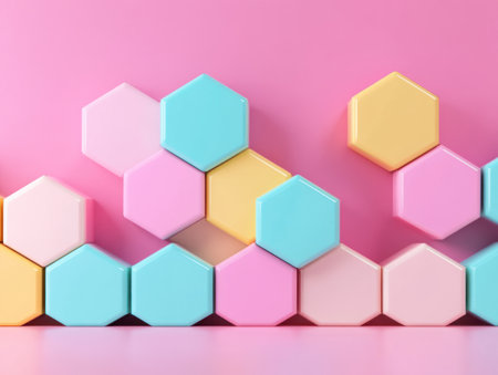 3D rendering of colorful hexagons with a pink background for a product presentation template. --ar 4:3 --v 6.1 Job ID: 1f37e414-18a3-40aa-94f7-619a83bd611aの素材