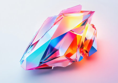 3D render of a colorful abstract shape, isolated on a white background, with a metallic surface, a polygonal aesthetic, a glitch effect, and a futuristic style. Highly detailed, this digital art piece has a hyper-realistic, hyper-detailed appearance, created using Octane rendering and ray tracing techniques. The cinematic lighting and volumetric light contribute to the high-resolution, immersive quality of the image. --ar 7:5 --v 6.1 Job ID: 66834593-b7fa-4f66-bb8c-92fccdb70847の素材