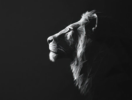 Low-poly black background, low-polygon lion head silhouette in the side view, in black and white. --ar 4:3 --v 6.1 Job ID: 7b44b1d9-505c-4dea-a939-fb81525948b6の素材