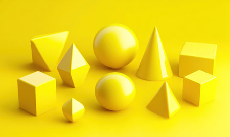 3D render of abstract geometric shapes in a yellow color on an isolated background, a flat lay composition, with a simple and minimalistic style, no shadows or lighting effects, low detail, smooth textures, no gradient for each shape, high contrast, bright colors, a professional and clean appearance, suitable for graphic design, digital art software, and vector illustration with a digital brush effect. --ar 5:3 --v 6.1 Job ID: 95b57e26-f0a9-4a8d-ae09-114593c0b10bの素材