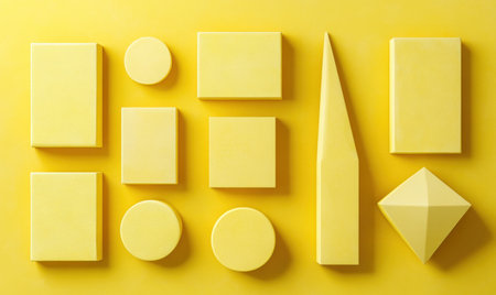 3D render of abstract geometric shapes in a yellow color on an isolated background, a flat lay composition, with a simple and minimalistic style, no shadows or lighting effects, low detail, smooth textures, no gradient for each shape, high contrast, bright colors, a professional and clean appearance, suitable for graphic design, digital art software, and vector illustration with a digital brush effect. --ar 5:3 --v 6.1 Job ID: 95b57e26-f0a9-4a8d-ae09-114593c0b10bの素材