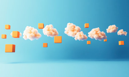 3D rendering of flying orange cubes on a blue background. Abstract cloud or box shapes, a simple minimalistic design, a vector illustration concept for technology and web development with copy space. --ar 5:3 --v 6.1 Job ID: b471a5a9-99eb-433f-9443-692a60dfd065の素材