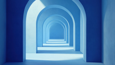 3D render, blue background with a series of arches in the middle, symmetrical, minimalistic, soft lighting, high resolution, hyper-realistic --ar 53:30 --v 6.1 Job ID: a0289dd4-2d91-4078-ae65-840155320cbeの素材